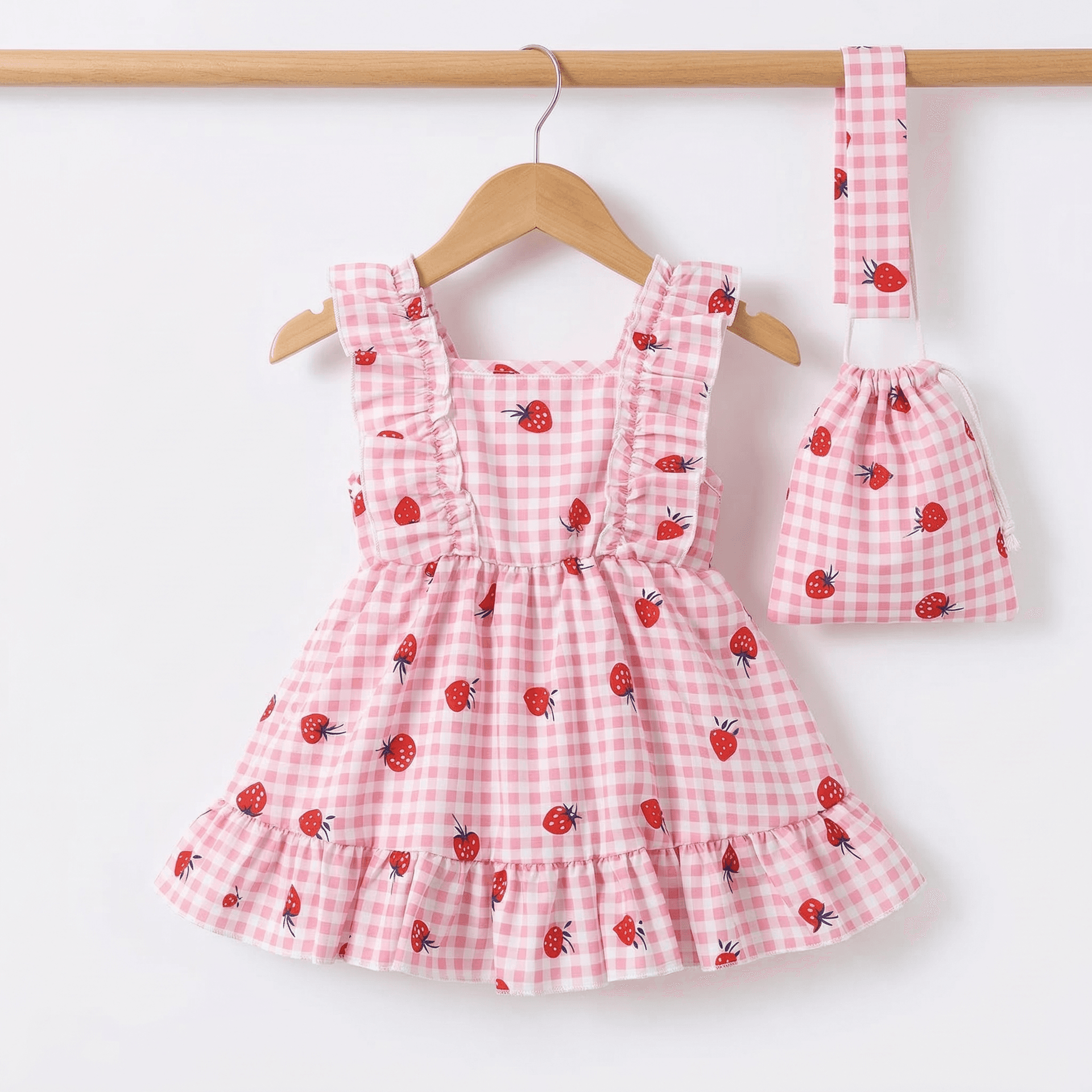 Vestido Fresitas Rosa Cuadros + Bolsita