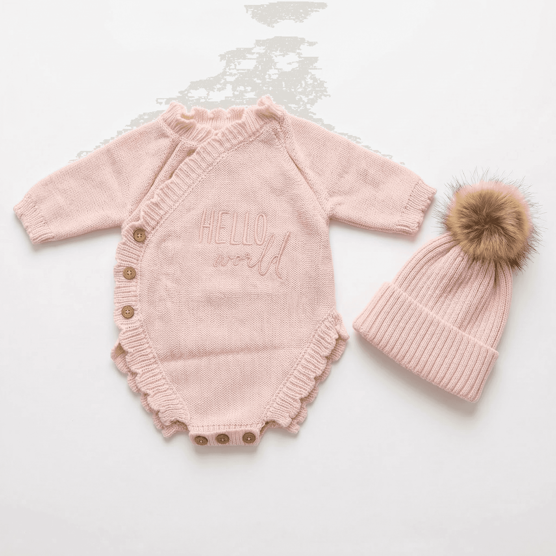 Romper "Hello World" Rosa Tejido + Gorro Pompón